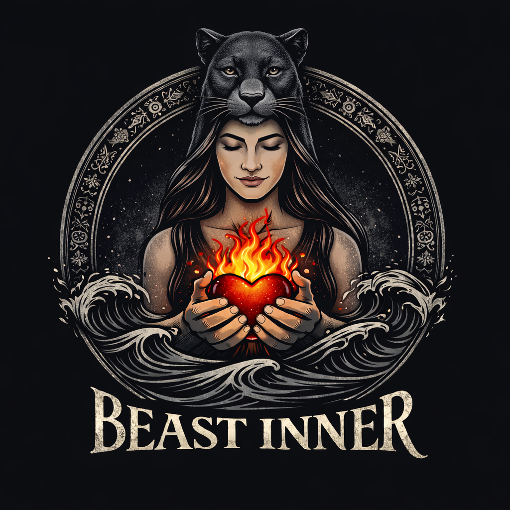 A woman wearing a panther's head, holding a burning heart, framed by waves