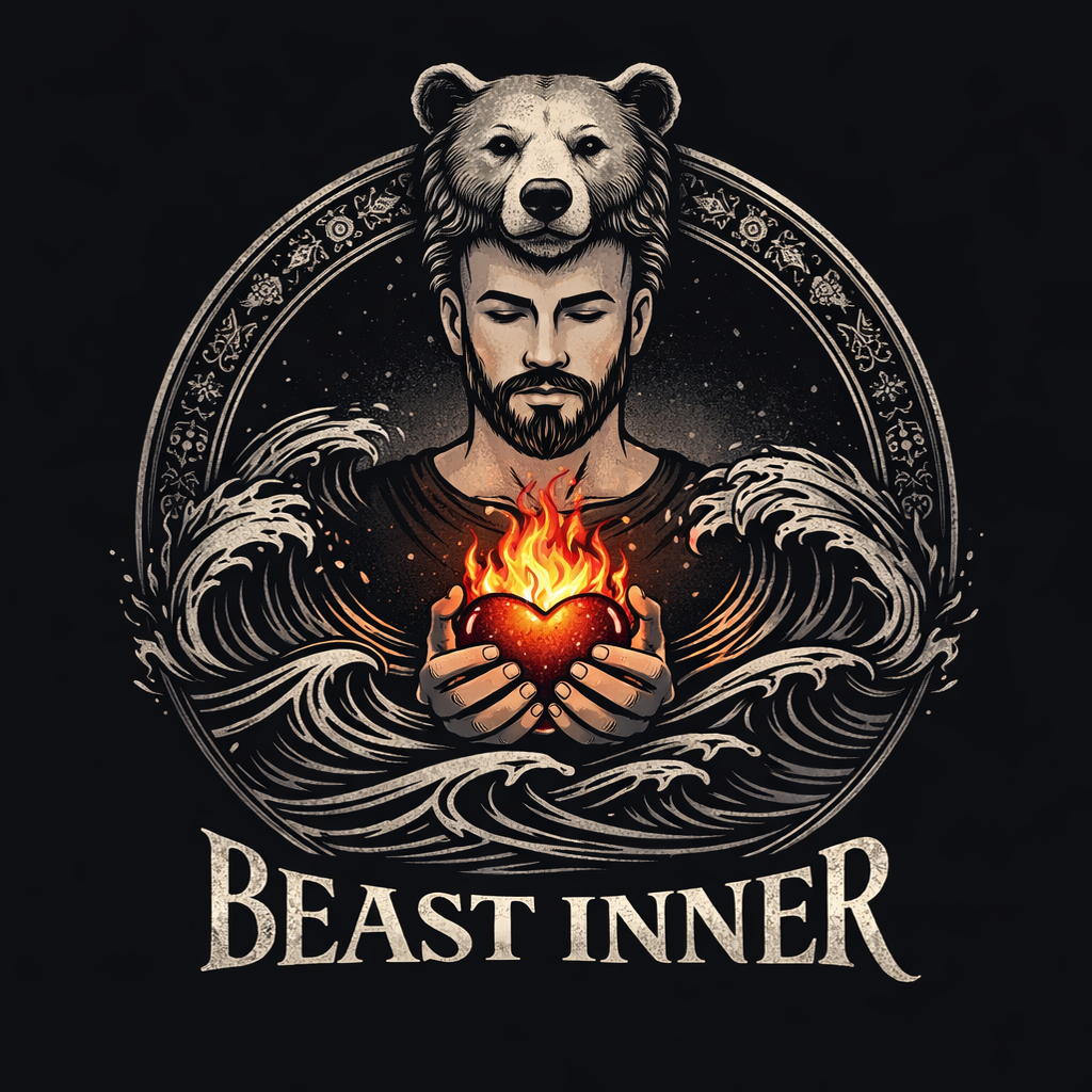 A bearded man wearing a bear's head, holding a burning heart, framed by waves