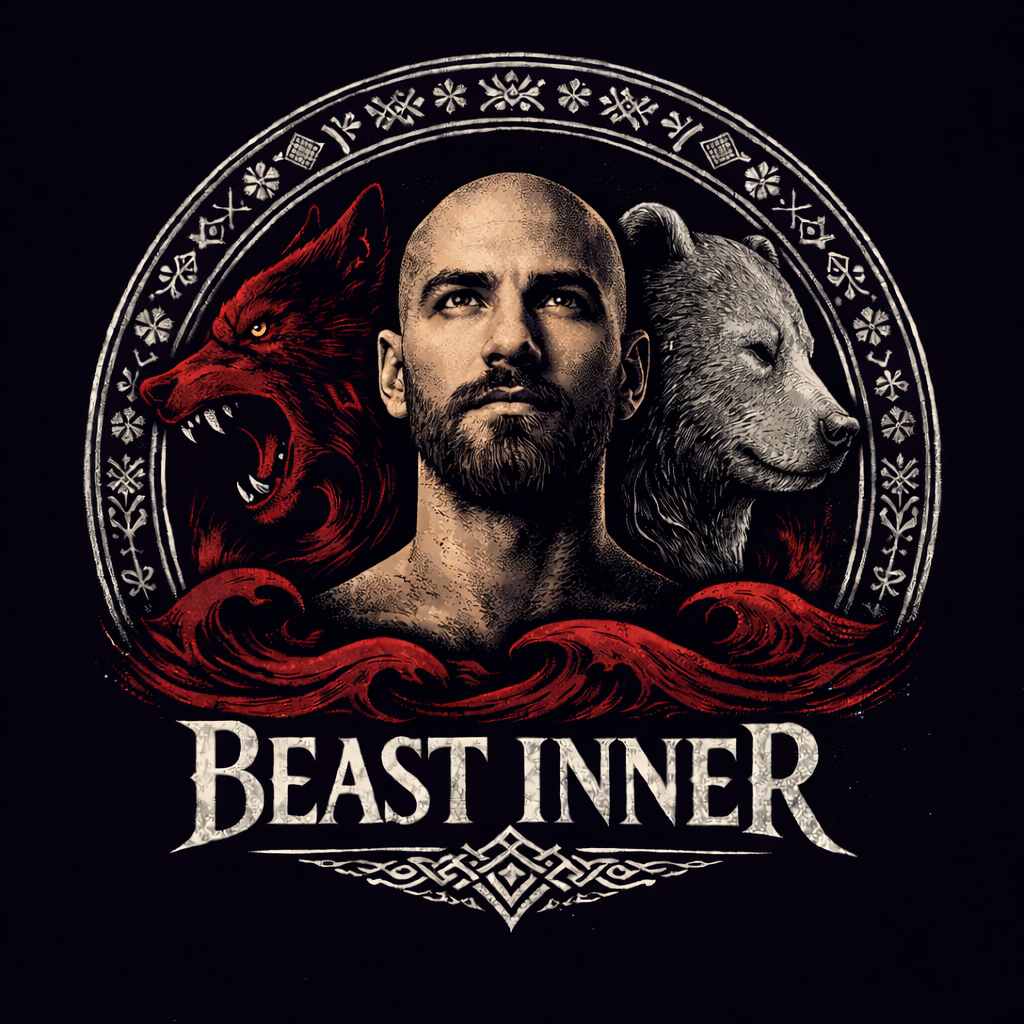 A man's face between a red wolf and a silver bear, waves below
